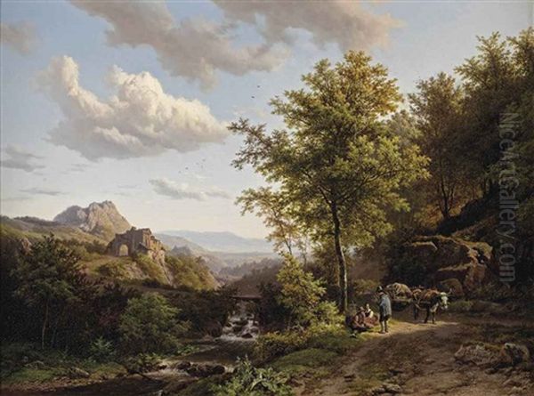 A Summer Landscape With Figures Resting Near A Stream Oil Painting by Barend Cornelis Koekkoek