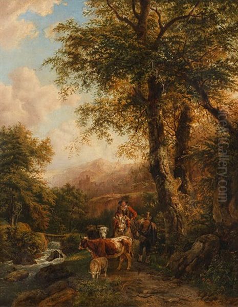 Viehhirten Auf Dem Waldweg Vor Gebirgskulisse Mit Burg Oil Painting by Barend Cornelis Koekkoek