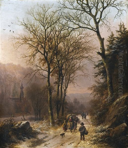 Figures On A Winter Road Oil Painting by Barend Cornelis Koekkoek