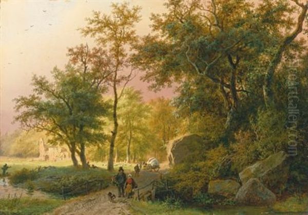 Travellers On A Road Oil Painting by Barend Cornelis Koekkoek