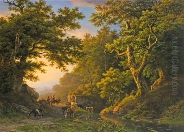 Figures In A Wooded Landscape Oil Painting by Barend Cornelis Koekkoek