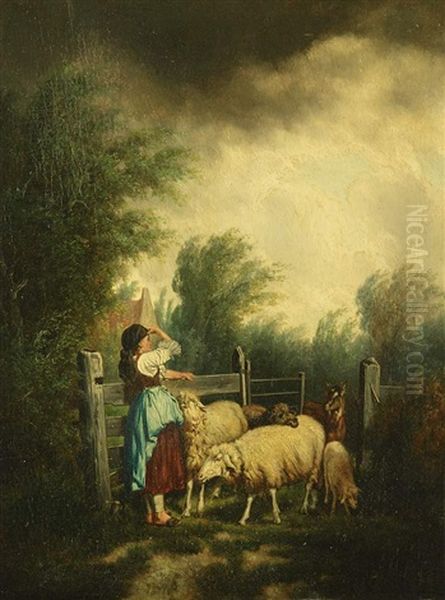 Landschaftsausschnitt Mit Bauerlicher Genreszene, Bauerin Mit Schafen, Unter Tiefliegendem Horizont Mit Gewitterwolken Oil Painting by Barend Cornelis Koekkoek