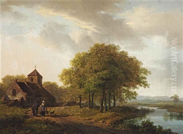 A Summer Landscape With Figures Near A Stream, A Church Behind Oil Painting by Barend Cornelis Koekkoek