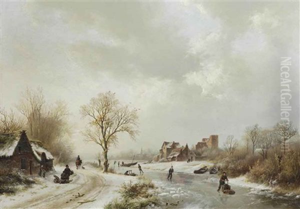 A Winter Landscape With Figures On A Path And Skaters On A Frozen Waterway Oil Painting by Barend Cornelis Koekkoek