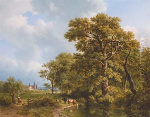 A Summer Landscape With Cows Watering, A Castle In The Distance Oil Painting by Barend Cornelis Koekkoek