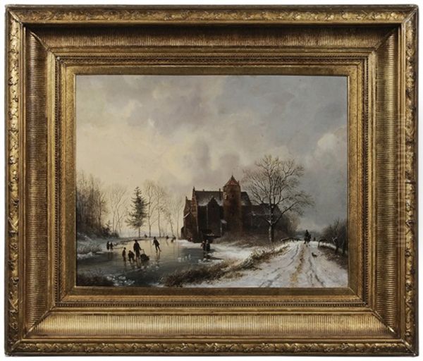 Skaters On A Frozen Pond Beside A Church Oil Painting by Barend Cornelis Koekkoek