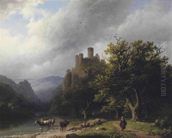 Een Bergachtig Landschap Waarin Een Kleine Waterval Bij Gewone Dag: On A River-bank In A Valley Oil Painting by Barend Cornelis Koekkoek