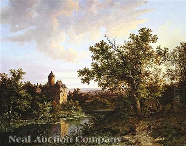 Landscape Capriccio: A Rhenish Castle By A Pond Oil Painting by Barend Cornelis Koekkoek