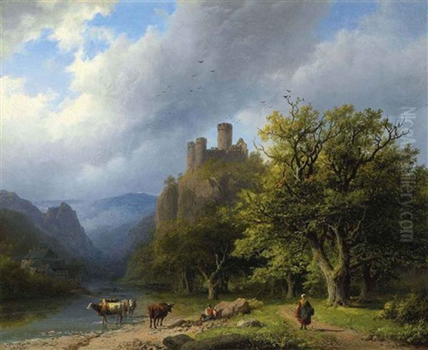 A Mountainous Landscape With Figures And Cattle By A Valley Stream Oil Painting by Barend Cornelis Koekkoek