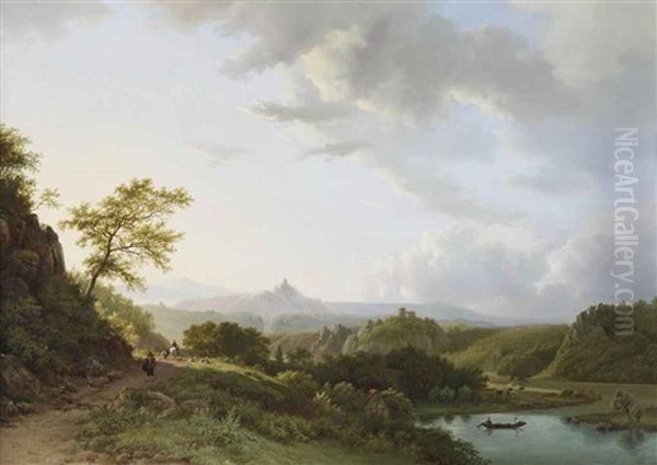 A Panoramic Summer Landscape With Travelers And A Castle Ruin In The Distance Oil Painting by Barend Cornelis Koekkoek