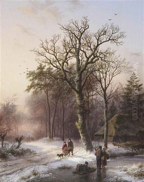 A Winter Landscape With Figures On A Path And Figures With A Sleigh On The Ice Oil Painting by Barend Cornelis Koekkoek