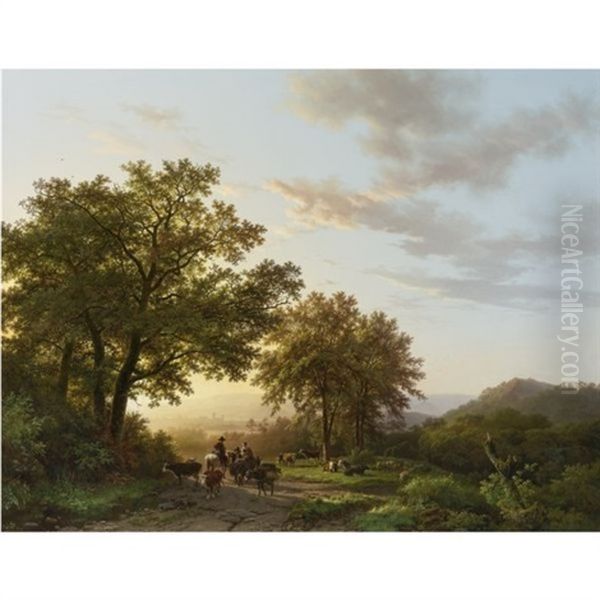 Travellers With Cattle And Donkeys On A Sunlit Path In A Rhenish Panoramic Landscape Oil Painting by Barend Cornelis Koekkoek