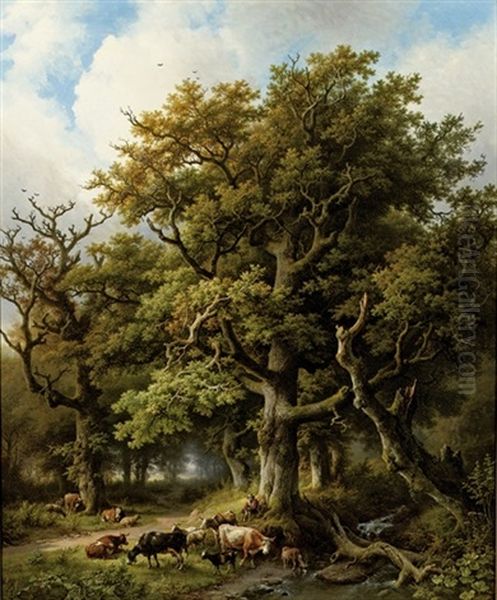 A Wooded Landscape With A Herdsman And His Cattle Resting Under An Oak Tree Oil Painting by Barend Cornelis Koekkoek