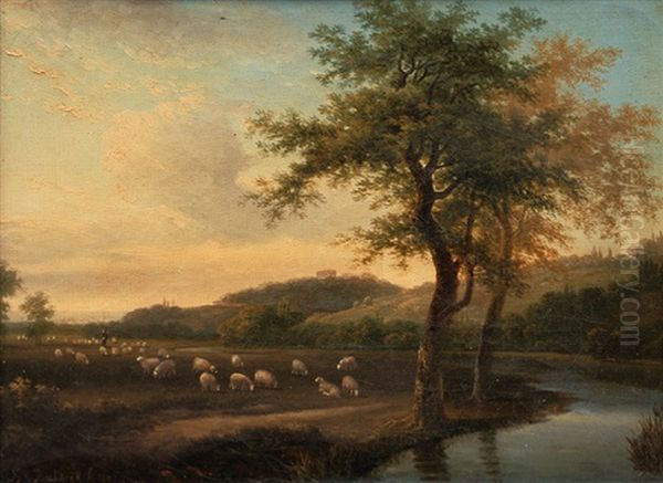 Sheep In A River Landscape Oil Painting by Barend Cornelis Koekkoek