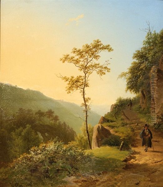 A Traveler On A Mountain Path By Sunset Oil Painting by Barend Cornelis Koekkoek