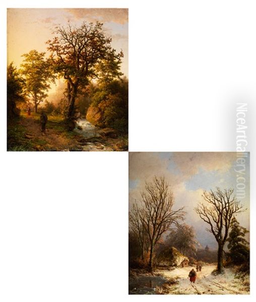 Winterlandschaft Mit Figurenstaffage Auf Verschneitem Waldweg Mit Einem Haus Im Hintergrund (+ Herbstwald; Pair) Oil Painting by Barend Cornelis Koekkoek