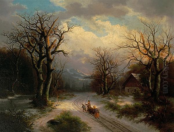 Reisig Sammelnde Kinder Auf Dem Heimweg In Winterlicher Landschaft Oil Painting by Barend Cornelis Koekkoek