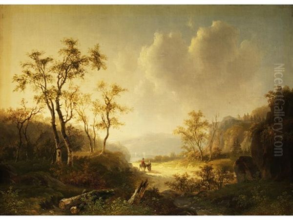 Herbstlandschaft Mit Hohlweg Zwischen Felsigen Anhohen Mit Birken Und Figurenstaffage Oil Painting by Barend Cornelis Koekkoek