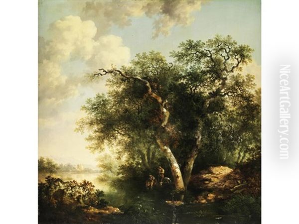 Landschaft Mit Hohen Baumen Am Flussufer Mit Figurenstaffage Oil Painting by Barend Cornelis Koekkoek