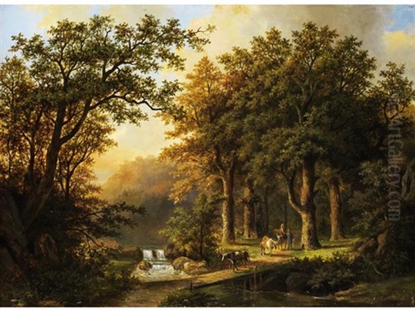 Waldlandschaft Mit Bachlauf, Kleiner Kaskade Und Figurenstaffage Mit Tieren Oil Painting by Barend Cornelis Koekkoek