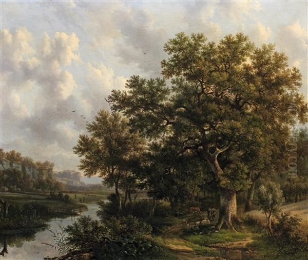 Grose Eichen Im Flusstal Oil Painting by Barend Cornelis Koekkoek