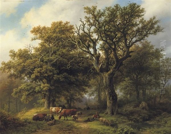 Een Boomrijk Landschap Met Koeiyen, En Schapen Bij Middagstond Oil Painting by Barend Cornelis Koekkoek