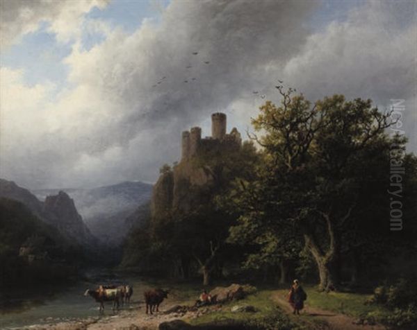 Een Bergachtig Landschap Waarin Een Kleine Waterval Bij Gewone Dag - On A River-bank In A Valley Oil Painting by Barend Cornelis Koekkoek