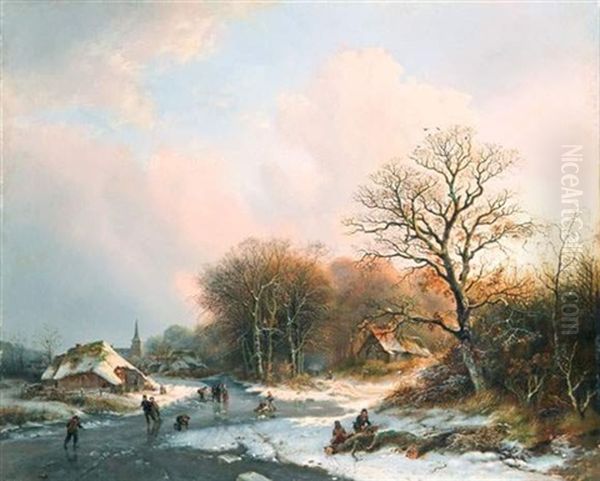 Paysage D'hiver Avec Des Patineurs Sur Une Riviere Gelee Pres D'un Sous-bois Oil Painting by Barend Cornelis Koekkoek