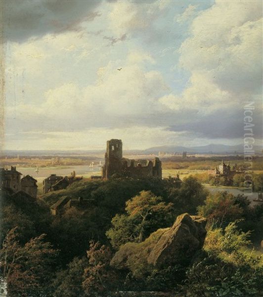 Flusslandschaft Mit Kirchenruine Und Pferdewagen Oil Painting by Barend Cornelis Koekkoek