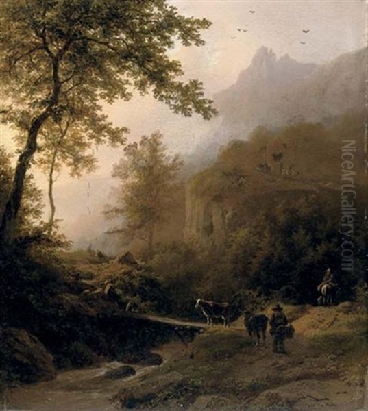 Bergachtig Landschap Bij Ondergaande Zon - The Sunset Oil Painting by Barend Cornelis Koekkoek