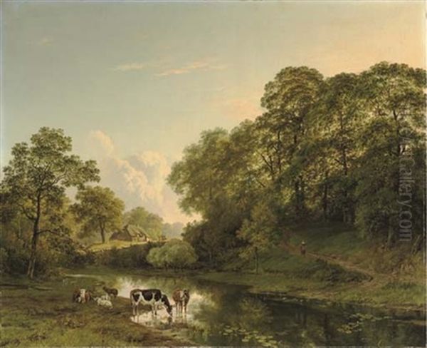 Het Kastanjewoud Bij Beek - Cattle By A Ford In An Undulating Forest Landscape Oil Painting by Barend Cornelis Koekkoek