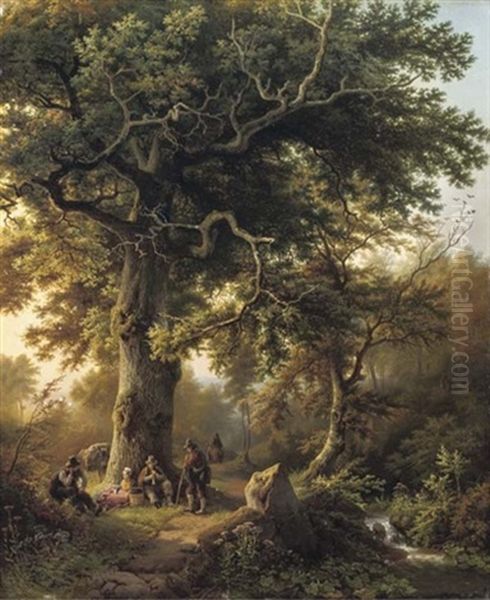 Travellers Resting Under A Tree In Late Summer Oil Painting by Barend Cornelis Koekkoek