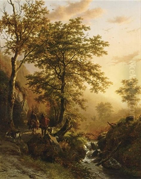 A Traveller And A Herdsman In A Mountainous Landscape Oil Painting by Barend Cornelis Koekkoek