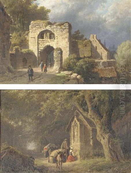 At The Old Town Gate (+ Travellers By A Chapel In A Forest; Pair) Oil Painting by Barend Cornelis Koekkoek