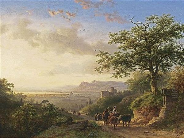 An Extensive Rhine View With Travellers On A Path Oil Painting by Barend Cornelis Koekkoek