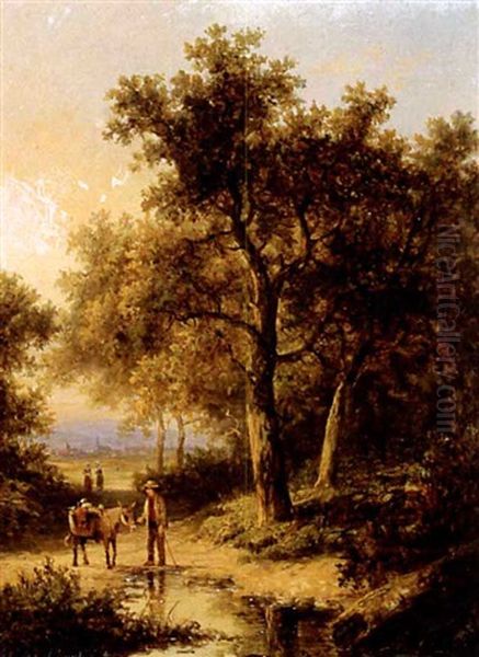 Travellers And Donkey On A Woodland Path Oil Painting by Barend Cornelis Koekkoek