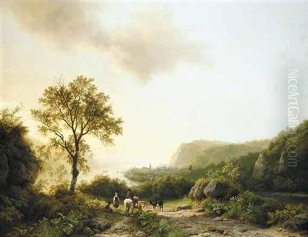 Cattle Drivers In A Landscape Overlooking The Rhine Oil Painting by Barend Cornelis Koekkoek