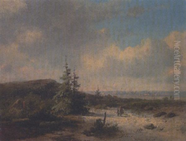 Weitlaufige Hugellandschaft Mit Einer Bauerin Auf Dem Weg In Eine Im Hintergrund Liegende Stadt by Barend Cornelis Koekkoek