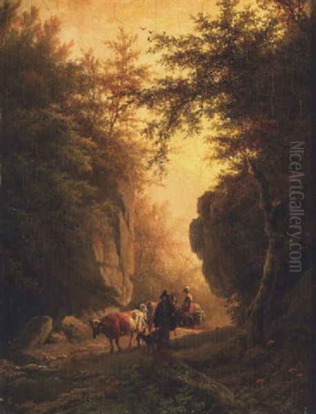 Figures And Cattle On A Rocky Woodland Path Oil Painting by Barend Cornelis Koekkoek