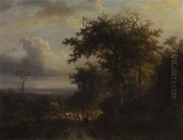 Peasanrs On A Wooded Path, A Valley Beyond Oil Painting by Barend Cornelis Koekkoek