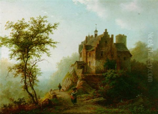 Figures Near A Castle In A Wooded, Hilly Landscape by Barend Cornelis Koekkoek