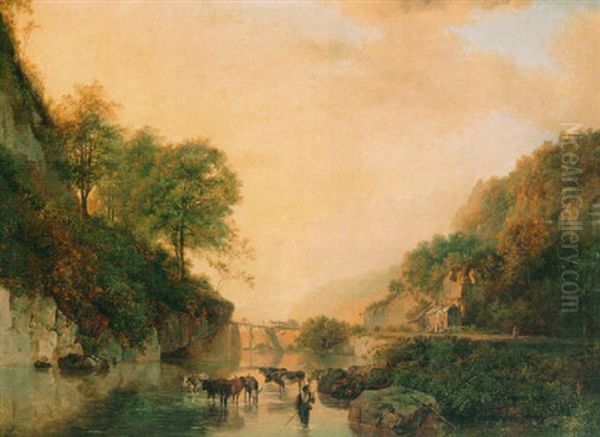 A Cowherd With Watering Cows In A Hilly Landscape Oil Painting by Barend Cornelis Koekkoek