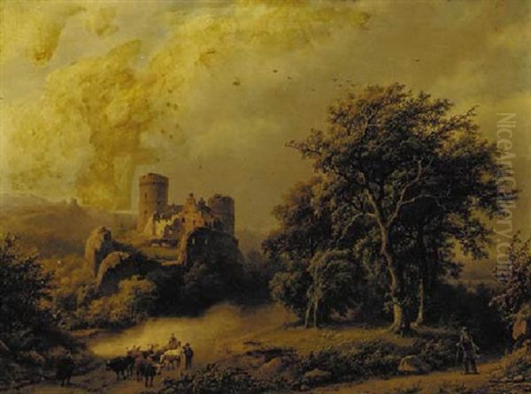 Figures And Cattle On A Path In A Wooded Landscape With A Castle Beyond Oil Painting by Barend Cornelis Koekkoek