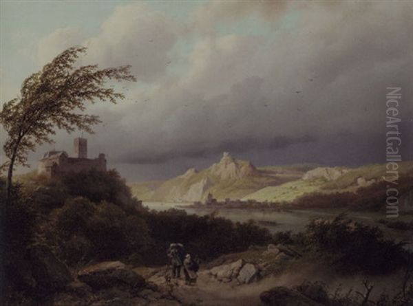 A Rhenish Landscape With Travellers On A Rocky Path, A Storm Approaching Oil Painting by Barend Cornelis Koekkoek