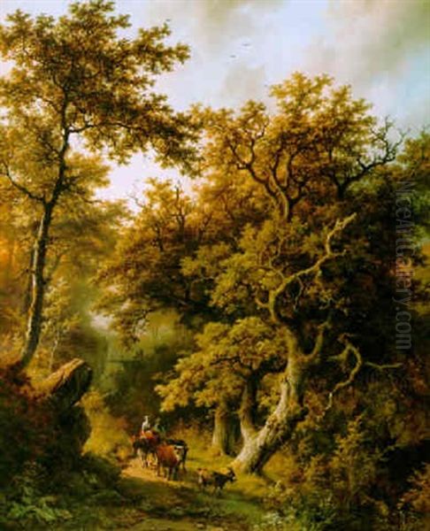 Peasants With Cattle On A Forest Path Oil Painting by Barend Cornelis Koekkoek