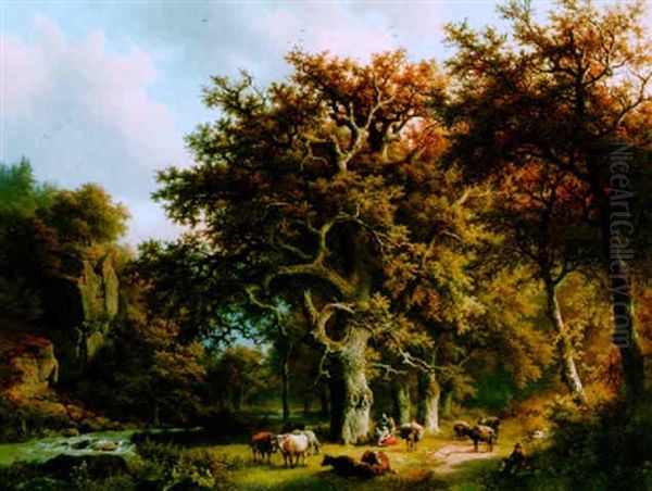 A Wooded Landscape With Cows And Herdsmen Near A Stream Oil Painting by Barend Cornelis Koekkoek