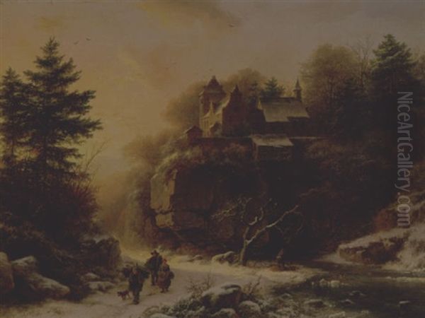 A Winter Village Oil Painting by Barend Cornelis Koekkoek