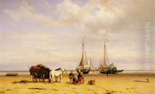 Fishermen Unloading The Catch On Scheveningen Beach Oil Painting by Barend Cornelis Koekkoek