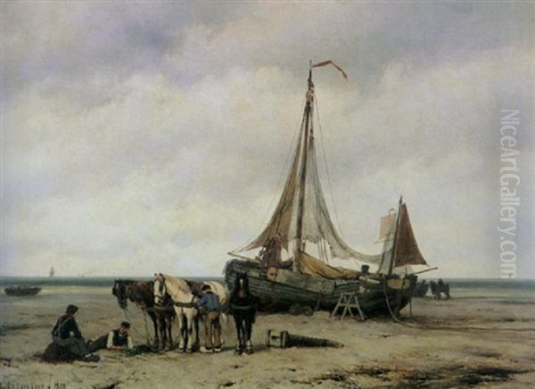 Fishermen By A Beached Bomschuit Oil Painting by Barend Cornelis Koekkoek