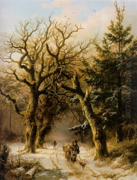 Travellers On A Snowy Path Oil Painting by Barend Cornelis Koekkoek